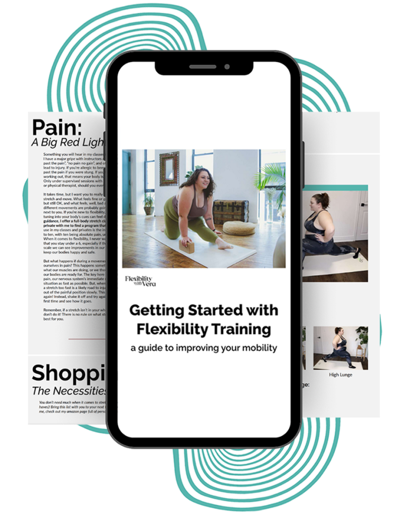 Image of mobile phone with vera in a lunge looking forward with the text underneath reading "Getting Started with Flexibility Training: A guide to beginner mobility". Two images of the pdfs are on either side of the phone.