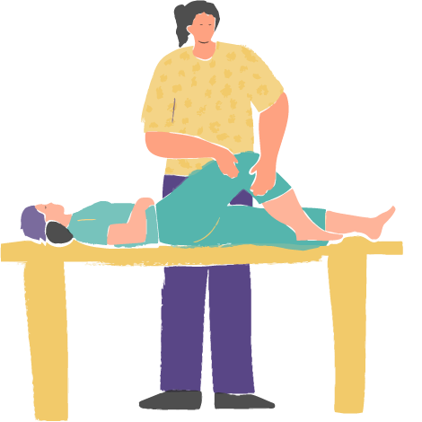 Illustration of person giving fascial stretch therapy to a persons hip while lying on massage table